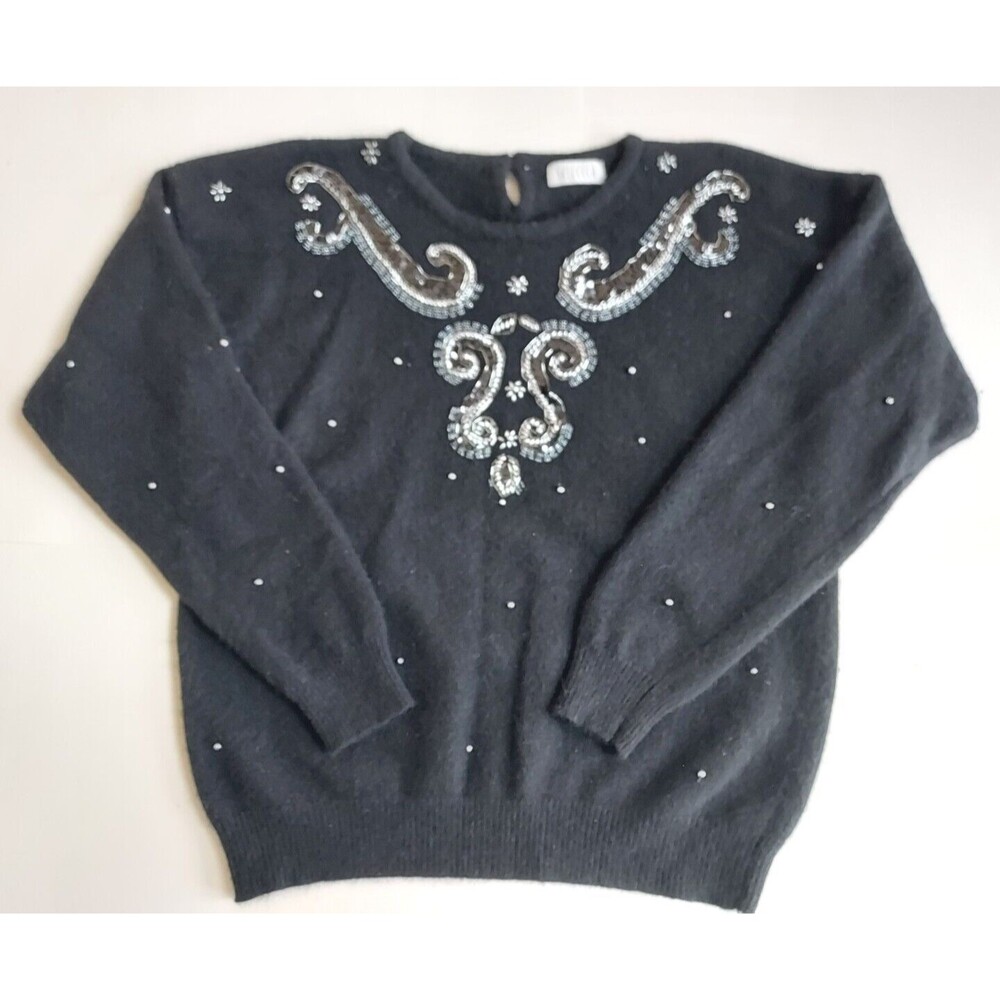 Vintage Ladies Black Sellecca Beaded Fuzzy Holiday LS Sweater Size L